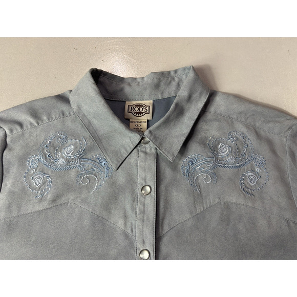Rod's Womens Large Western Pearl Snap Shirt FLORAL Blue Microsuede Faux Suede LS - Picture 11 of 12